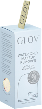 GLOV Water Only Makeup Remover On-The-Go, białe pudełko z beżowym włóknem, widok z boku.