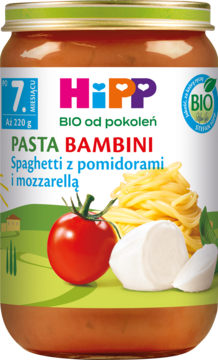 HiPP PASTA BAMBINI Spaghetti z pomidorami i mozzarellą, słoik BIO dla niemowląt po 7. miesiącu, widok z przodu.
