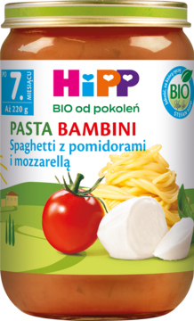 HiPP PASTA BAMBINI Spaghetti z pomidorami i mozzarellą, słoik BIO dla niemowląt po 7. miesiącu, widok z przodu.