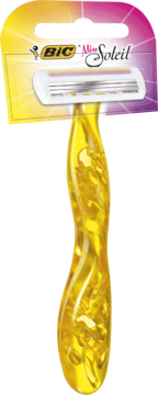 BIC Miss Soleil 3-ostrzowa maszynka do golenia z żółtą, przezroczystą rączką w kwiaty, w blistrze.