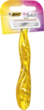 BIC Miss Soleil 3-ostrzowa maszynka do golenia z żółtą, przezroczystą rączką w kwiaty, w blistrze.