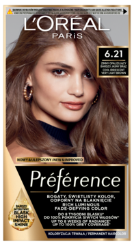 L'Oréal Paris Préférence 6.21, trwała farba do włosów, opakowanie z modelem, odcień jasny brąz, widok z przodu.