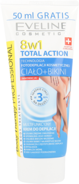 Biała tubka Eveline Total Action 8w1 krem do depilacji ciała i bikini 50ml GRATIS, widok z przodu.