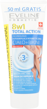 Biała tubka Eveline Total Action 8w1 krem do depilacji ciała i bikini 50ml GRATIS, widok z przodu.
