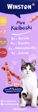 Winston Mini Kiełbaski dla kota, 20x, 4 smaki: ser, szynka, wątróbka i salami. Na fioletowym tle z kotem.