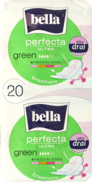 Podpaski Bella Perfecta Ultra Green, białe opakowania z zielonym okręgiem i silky drai, 20 sztuk, widok z przodu.