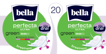 Dwie paczki bella perfecta ULTRA green ultracienkie podpaski z siateczką silky drai, 20 sztuk, widok z przodu.