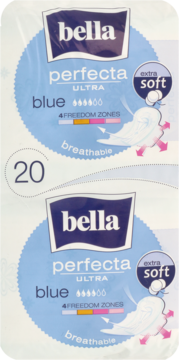 Dwa opakowania podpasek Bella Perfecta Ultra Blue 20 sztuk, widok z przodu, z opisem "extra soft" i "breathable".