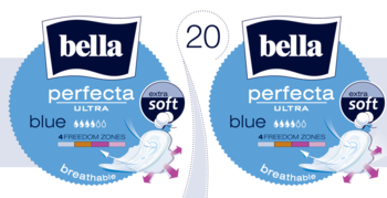 Dwa opakowania Bella Perfecta Ultra Blue, ultracienkie podpaski higieniczne extra soft, 20 sztuk. Widok z przodu.