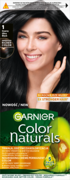 Garnier Color Naturals farba Ultra Black, opakowanie z modelką i napisem "5X mocniejsze włosy", widok z przodu.