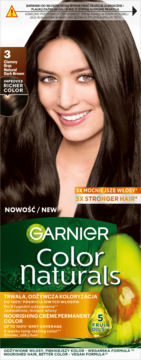 Garnier Color Naturals nr 3 Ciemny Brąz. Trwała odżywcza farba do włosów, na pudełku uśmiechnięta kobieta.