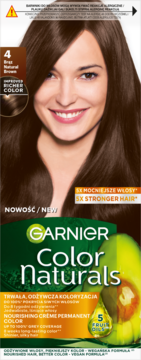 Opakowanie farby Garnier Color Naturals 4 Brown Natural, modelka z ciemnymi włosami, hasło "5X STRONGER HAIR".
