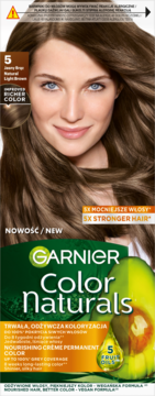 Garnier Color Naturals 5 Naturalny Jasny Brąz: trwały krem koloryzujący. Front opakowania z modelką.