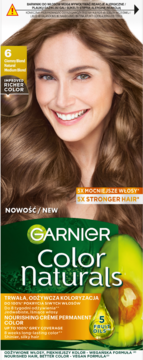 Garnier Color Naturals 6 Ciemny Blond, trwała, odżywcza koloryzacja, przód opakowania z modelką.