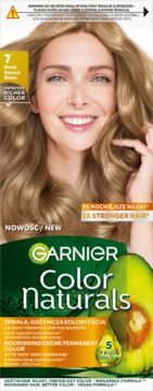 Garnier Color Naturals 7 naturalny blond, permanentna farba do włosów w zielono-żółtym pudełku z modelką.
