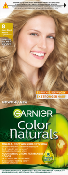 Garnier Color Naturals 8, trwały krem koloryzujący do włosów blond z 5 olejkami, z modelką na opakowaniu.