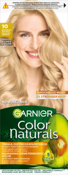 Garnier Color Naturals 10 Super Ultra Light Blond, odżywczy krem koloryzujący z modelką, widok z przodu.