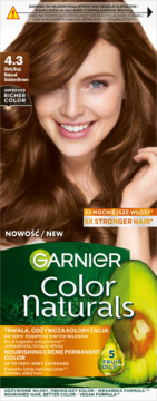 Opakowanie farby Garnier Color Naturals 4.3 Złoty Brąz, z modelką i avocado, widok z przodu.
