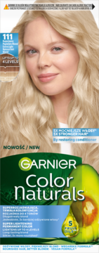 New Garnier Color Naturals 111 Super Lightening Permanent Color box, featuring a blonde woman, lifts up to 4 levels, with 5 fruit oils.