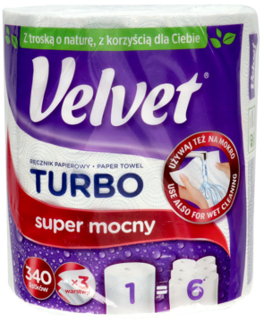 Velvet Turbo super mocny ręcznik papierowy w fioletowo-białym opakowaniu z kroplami, widok z przodu jednej rolki.