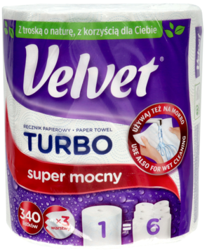 Velvet Turbo super mocny ręcznik papierowy w fioletowo-białym opakowaniu z kroplami, widok z przodu jednej rolki.
