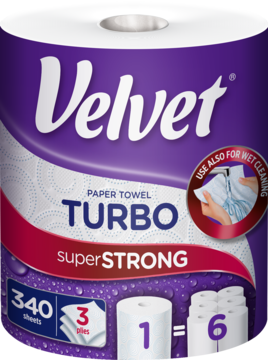 Fioletowy ręcznik papierowy Velvet Turbo SuperSTRONG, 1 rolka, 340 listków, z atestem PZH do żywności.