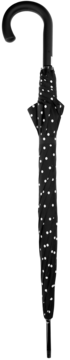 Długi czarny parasol w białe kropki z zakrzywioną rączką, złożony i widoczny z przodu.