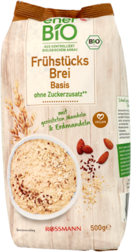 Ener Bio Frühstücks Brei Basis, beżowa torba. Gotowa kaszka musli z prażonymi migdałami ziemnymi, bez cukru, front.