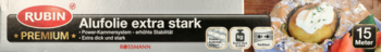 Rubin Alufolie extra stark, srebrne opakowanie premium z czerwonym logo, ikony do pieczenia/mrożenia, widok z przodu.