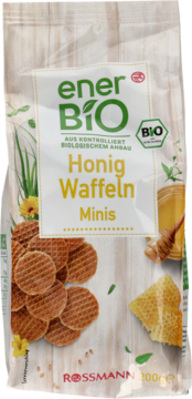 Białe opakowanie enerBiO Honig Waffeln Minis z okrągłymi chrupiącymi waflami miodowymi, widok z przodu.
