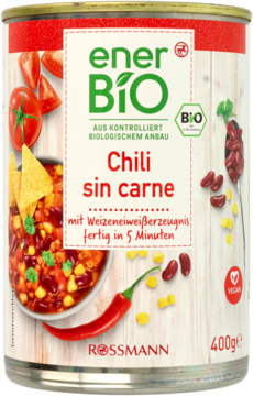 Czerwono-biała puszka ener BIO Chili sin carne z wegańskim białkiem pszenicznym, gotowe w 5 minut, z widoczną miską chili.