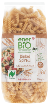 enerBiO Makaron orkiszowy świderki w przezroczystym opakowaniu 500g, z widocznym logo BIO i Naturland.