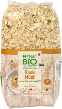 Przezroczysta torba enerBiO Basis Müsli 1000g, bez dodatku cukru, widok z przodu, z widocznymi płatkami zbóż i nasion.