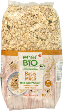 Przezroczysta torba enerBiO Basis Müsli 1000g, bez dodatku cukru, widok z przodu, z widocznymi płatkami zbóż i nasion.