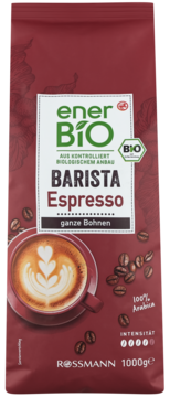 Czerwona paczka enerBiO BARISTA Espresso BIO kawa ziarnista 100% Arabica, z filiżanką i ziarnami kawy.