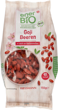 Biała torebka enerBiO Goji Berries, z przodu, z przezroczystym oknem ukazującym czerwone suszone owoce. Logo Rossmann.