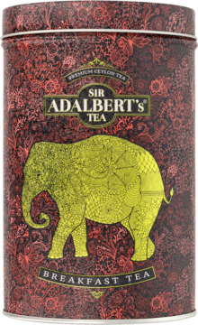 Walcowata, czerwona puszka herbaty liściastej Sir Adalbert's Breakfast Tea, ze złotym słoniem, widok z przodu.