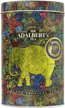 Sir Adalbert's Tea Tropical Black Tea w czarnej puszce ze złotym słoniem i barwnymi liśćmi, widok z przodu.