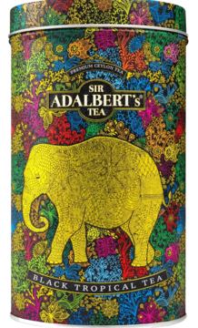 Adalbert’s Tea Tropical Black Tea, czarna herbata z mango, papają i melonem. Kolorowa puszka ze słoniem.