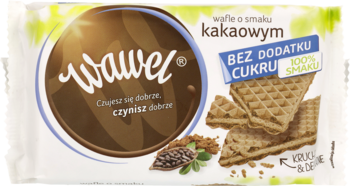 Białe opakowanie Wawel wafle kakaowe bez dodatku cukru, z brązowym logo i ułożonymi waflami.