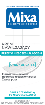 Mixa Krem Nawilżający Przeciw Niedoskonałościom z cynkiem i silikatami, na białym tle, widok z przodu.