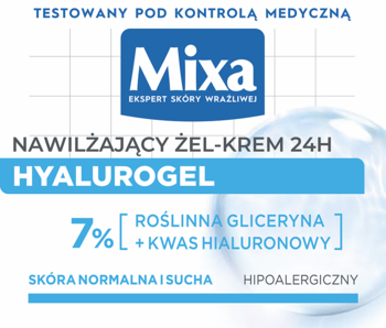 Biało-niebieska etykieta Mixa Hyalurogel: nawilżający żel-krem 24H z 7% gliceryną i kwasem hialuronowym.