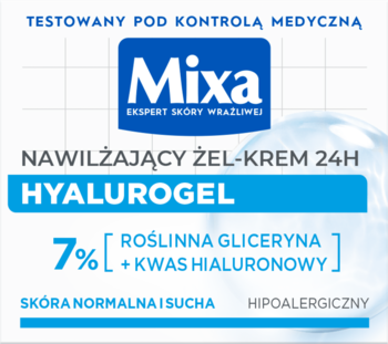 Opakowanie Mixa HYALUROGEL, nawilżający żel-krem 24H do normalnej i suchej skóry z 7% gliceryną i kwasem hialuronowym.