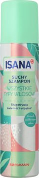 ISANA Suchy Szampon do wszystkich typów włosów w zielono-różowej butelce, widok z przodu, z formułą pochłaniającą sebum.