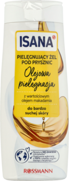 Biała butelka Isana pielęgnującego żelu pod prysznic olejowego z makadamią do bardzo suchej skóry, widok z przodu.