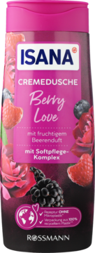 Isana Cremedusche Berry Love, różowy żel pod prysznic z owocowym zapachem jagód, 100% opakowanie z recyklingu, widok z przodu.