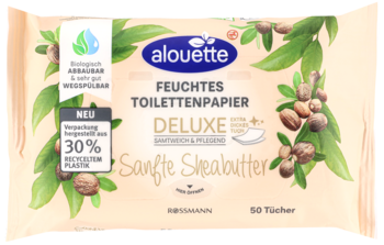 Alouette chusteczki nawilżane z masłem Shea, biodegradowalne. Beżowe opakowanie z liśćmi i orzechami, widok z przodu.