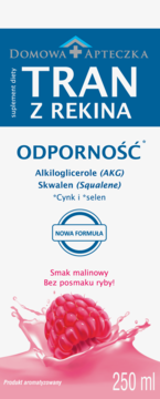 Opakowanie Tran z Rekina o smaku malinowym, 250ml, z dużą maliną i napisem Odporność na białym i niebieskim tle.