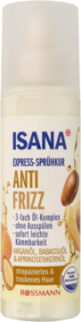 Biały spray Isana Express-Sprühkur Anti Frizz do włosów suchych, z niebieskim logo i złotą etykietą olejków.