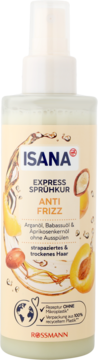 Isana Ekspresowa kuracja nawilżająca, spray Anti Frizz 200ml, z olejami arganowym i morelowym, widok z przodu.